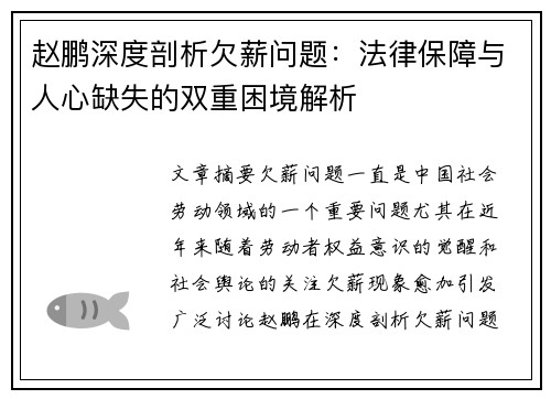 赵鹏深度剖析欠薪问题：法律保障与人心缺失的双重困境解析